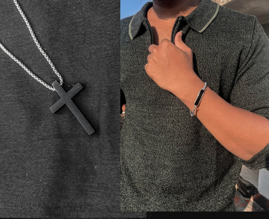 Black dotted bracelet and cross chain